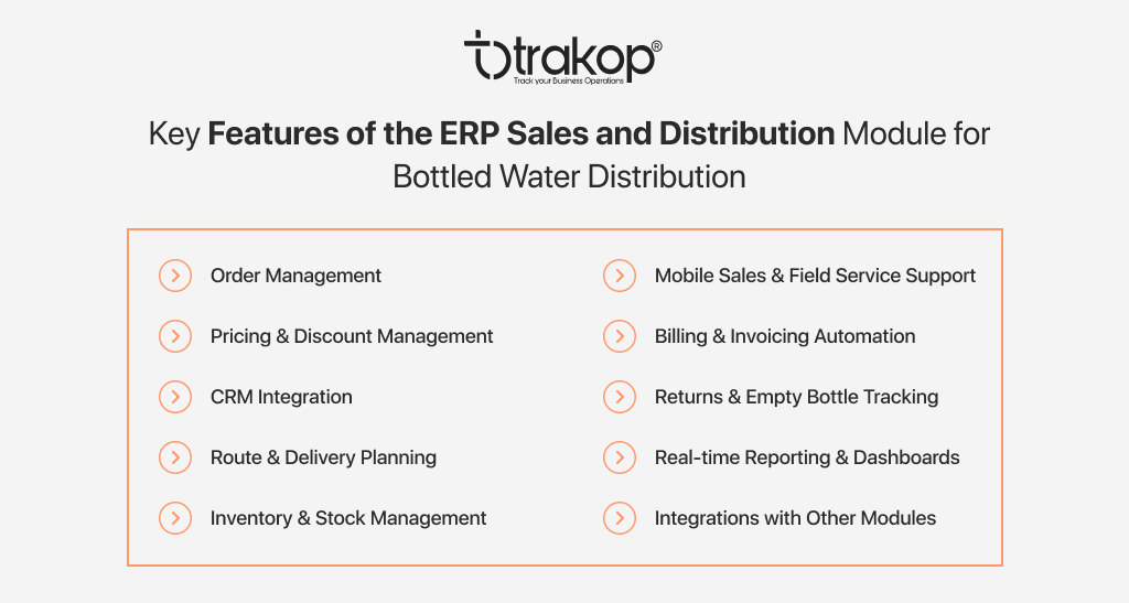 ravi garg, trakop, features, sales and distribution module, ERP, bottled water business, order management, pricing and discount management, crm integration, route and delivery planning, inventory, stock management, mobile sales, field service support, billing, invoicing automation, returns, empty bottle tracking, real-time reporting, dashboards, integrations with other modules